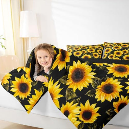 Black Sunflowers Comforter Set Yellow 3D Floral Flowers Comforter Yellow Sunflower Printed Black Reversible Down Comforter Boys Girls Botanical Bedding Sets with 2 Pillowcases (Full,Sunflower)