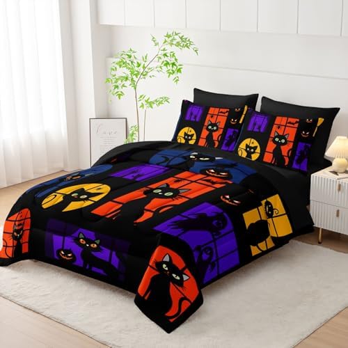 7Pcs Black Cat Comforter Set Cute Animal Printed Bedding Set with 1 Comforter, 1 Flat Sheet, 1 Fitted Sheet and 4 Pillowcases for Boys and Girls Bedroom All Season(Cat King