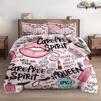 Pamnest Queen Comforter Set, 3 Pieces Makeup Pink Bedding, All Season