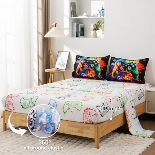 NTBED Game Console Comforter Set for Boys Girls Kids Tie Dye GamingLightweight Microfiber Gamer Bedding Sets (Multi, Queen 5Pcs)