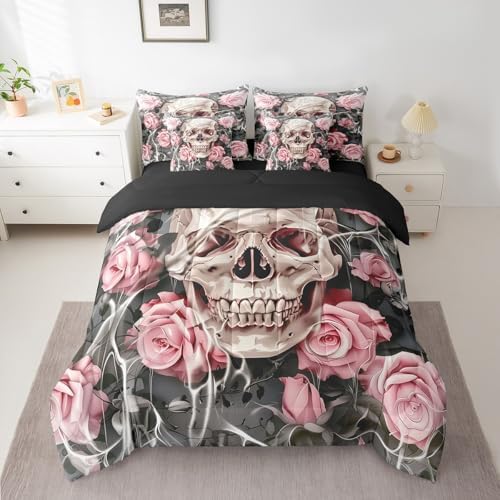 Erosebridal Gothic Skull Bedding Set Full,Romantic Pink Rose Comforter Set,Spooky Bone Skeleton Floral(Comforter+Fitted+Flat Sheet+2 Pillowcases+2 Throw Pillow Covers) 7 Pieces Halloween Bed Set