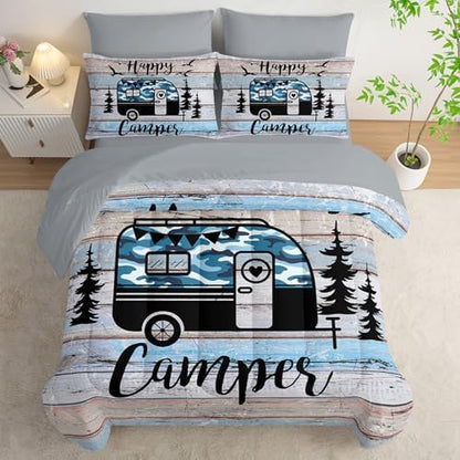 HOSIMA 7Pcs Happy Camping Twin Comforter with Sheet Set for Room Decor.