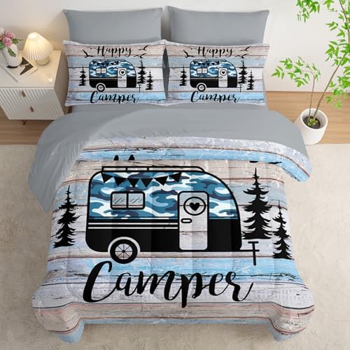 HOSIMA 7Pcs Happy Camping Queen Comforter with Sheet Set for Room Decor.