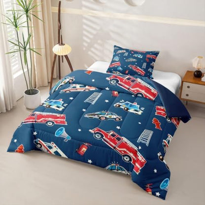 Feelyou Fire Truck Comforter Set Toddler Size Police Car Bedding Set for Kids Boys Girls Ambulance Cartoon Car Duvet Quilt Bedroom Decor Microfiber 2 Pcs with 1 Pillow Case