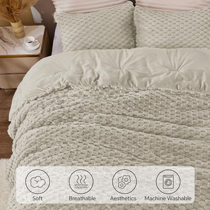 BEDELITE Fluffy Queen Comforter Set, Linen Fleece Bed Set 3 Pieces