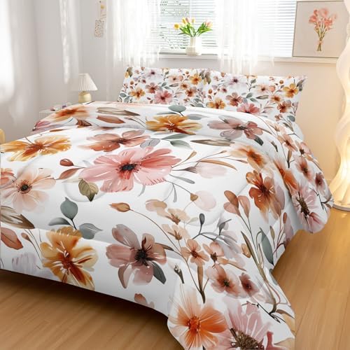 Nttopship Pink Yellow Floral Comforter Bedding Set with 2 Pillowcase King Size Flower Comforter Set for Kids Boys Girls Bedroom Decor