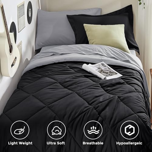 HEVUMYI 5-Piece Twin Comforter Set, Black & Light Grey Bed in a Bag