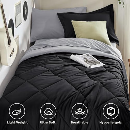 HEVUMYI 5-Piece Twin Comforter Set, Black & Light Grey Bed in a Bag