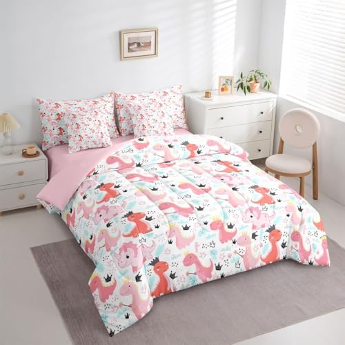 Feelyou Pink Dinosaur 7 Piece Bedding Set for Kids
