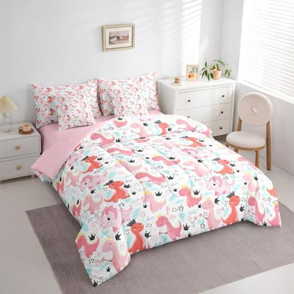 Feelyou Pink Dinosaur 7 Piece Bedding Set for Kids
