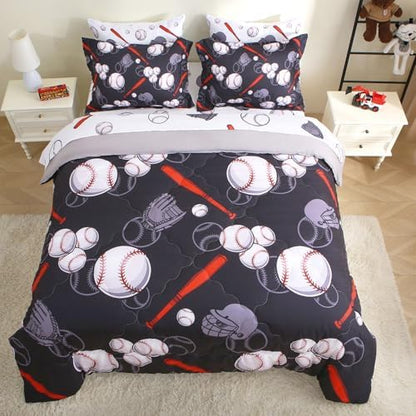 Baseball 7 Piece Bedding Set Sports Theme Twin Size Kids Boys Softball Comforter Set for Boys Kids Microfiber Comforter All Season (1 Comforter, 1 Flat Sheet, 1 Fitted Sheet, 4 Pillowcase)