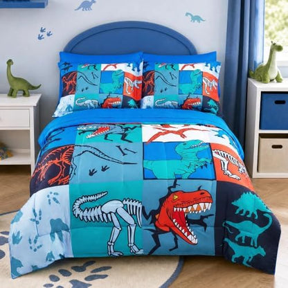 Viviland Kids Bedding Set Full Size Comforter Sets, Bed in Dinosaur Patchwork Cover Set for Children