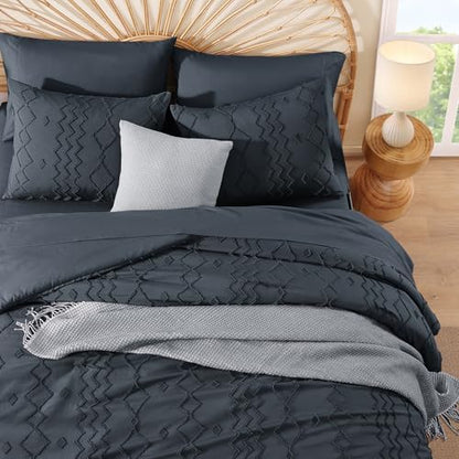 Queen Comforter Set Navy Blue Tufted Boho Geometric Bedding Sets 7 Pieces