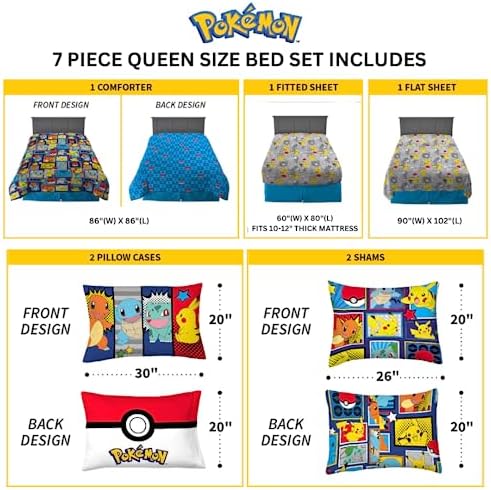 Pokémon Pikachu Queen Size Bedding Set – Kids Bedding Super Soft Cozy Reversible Comforter and Sheet Set with Sham, 7 Piece Queen Size, (Officially Licensed Product) by Franco
