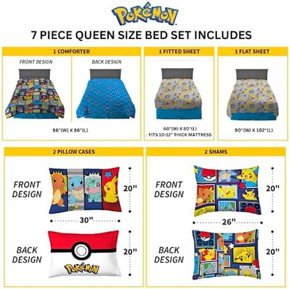Pokémon Pikachu Queen Size Bedding Set – Kids Bedding Super Soft Cozy Reversible Comforter and Sheet Set with Sham, 7 Piece Queen Size, (Officially Licensed Product) by Franco
