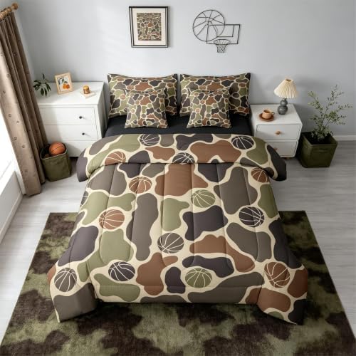 Erosebridal Basketball 7 Piece Bedding Set Full Camo Comforter Set with Sheets Basketballer Camouflage Pattern Bed in a Bag Sport Theme Brown Green Camo for Kids Boys Teens