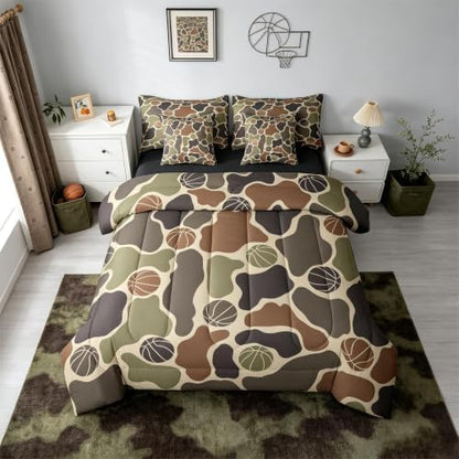Erosebridal Basketball 7 Piece Bedding Set Full Camo Comforter Set with Sheets Basketballer Camouflage Pattern Bed in a Bag Sport Theme Brown Green Camo for Kids Boys Teens