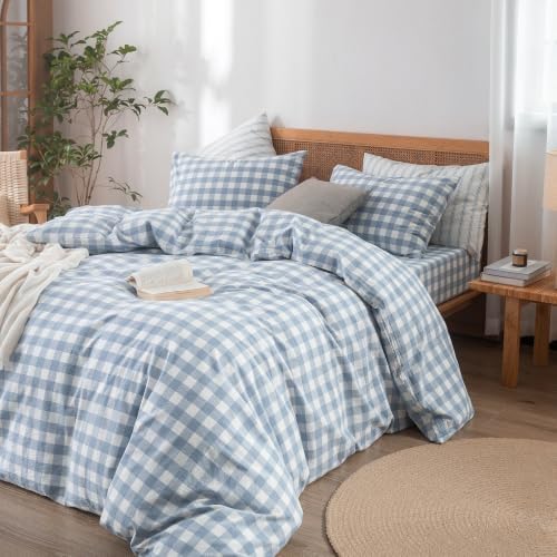 BESTOUCH Gingham Cotton Duvet Cover Set Cornflower Blue Full