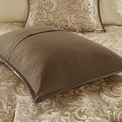 Madison Park Essentials Brystol 24 Piece Room in a Bag Faux Silk Comforter Jacquard Paisley Design Matching Curtains Down Alternative Hypoallergenic All Season Bedding-Set, Queen(90"x90"), Brown