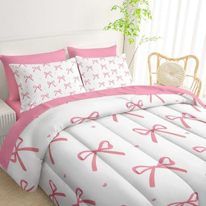 QOOMO Pink Bow 7 Pieces Comforter Set Twin Size,Bowknot Bedding Set