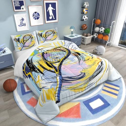 Graffiti Tennis Ball Bedding Set Twin Size,Fashion Ball Sports Game Comforter Set for Kids Boys Teens Room Decor,Cartoon Tennis Quilt Set Watercolor Youthful Duvet Insert 2pcs,1 Pillowcase