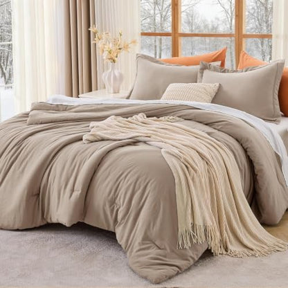 MUXHOMO Oversized Queen Comforter Sets, All Season Ultra Soft Down Alternative Bedding - 3 Piece Lightweight Bed Set Includes 1 Comforter (98"*98") and 2 Pillow Shams (20"x26"), Dark Linen
