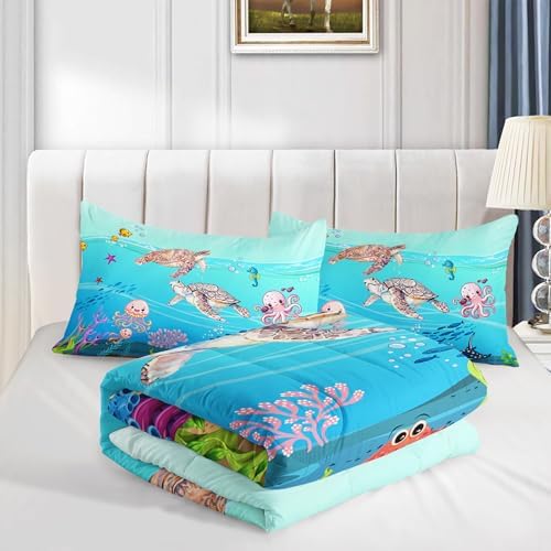 Turtle Comforter Set Queen Ocean Watercolor Sea Turtle Bedding Set Tropical Fish Marine Life Bed Set with 2 Pillowcases for Kids Room Decor