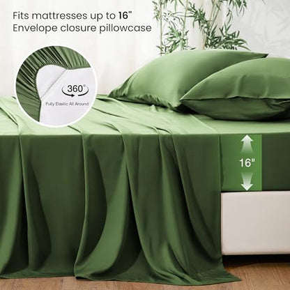 Love's cabin 4 Piece King Size Sheet Set, 100% Rayon Derived from Bamboo, Cooling & Breathable, Soft Silky Deep Pocket up to 16", Hotel Luxury Bedding for Hot Sleepers, Olive Green