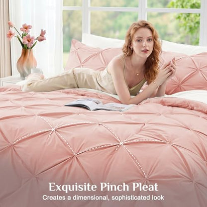 JOLLYVOGUE King Size Comforter Set 7 Pieces - Bed in a Bag King for All Season, Pintuck Bedding Comforter Sets with Comforter, Flat Sheet, Fitted Sheet and Pillowcases & Shams, Pink & Ivory