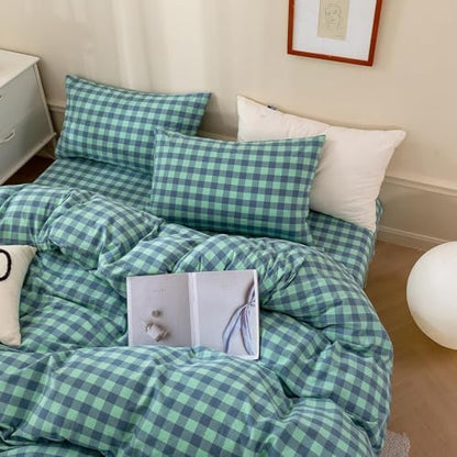 mixinni Green Gingham Grid Duvet Cover Queen, 100% Washed Cotton Modern Geometric Bedding Set with 2 Pillowcases, Farmhouse Style Blue Plaid Comforter Cover Set for Men & Women, Soft & Lightweight