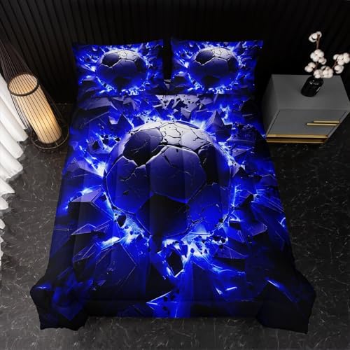Nttopship Soccer Bedding Comforter Set Queen Size for Kids Teens and Adults, Blue and Black Football Printed Bedding Sets 3 PCS,Ball Sports Themed Bedroom Decor with 1 Comforter and 2 Pillowcases
