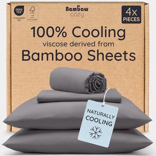 Bambaw 100% Viscose Derived from Bamboo Sheets Twin Size Set – 4-Piece Set of Cooling Bed Sheets Twin Size, Soft & Breathable, Helps Reduce Night Sweats, Deep Pocket Fit (Dark Gray)