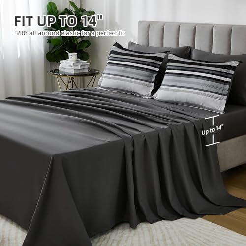 Dobuyly Black Comforter Set Twin Size Bed in a Bag 5 Piece, Classic Striped Black and Grey Bed Bedding Set with Sheets Soft Microfiber All Season for Teen Boys