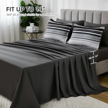 Dobuyly Black Comforter Set Twin Size Bed in a Bag 5 Piece, Classic Striped Black and Grey Bed Bedding Set with Sheets Soft Microfiber All Season for Teen Boys