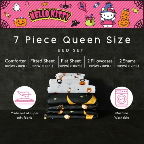 Sanrio Hello Kitty Halloween Pumpkin Queen Bed Set – Super Soft & Cozy 5 Piece Reversible Comforter and Sheet Set (Officially Licensed Product) by Franco