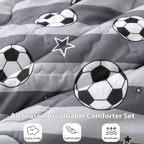 Boys Sports 7 Piece Soccer Comforter Set Twin Size 3D Football Playground Bedding Set for Kids Bed Set Gray(Comforter,Flat Sheet,Fitted Sheet and Pillow Sham)