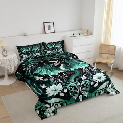 Feelyou Kids Dragon Comforter Set King Size, Green Dragon Bedding Set Dragon Lovers Comforter for Kids Boys Girls Boho Duvet Insert Room Decor 3Pcs