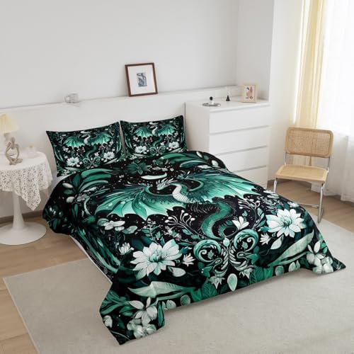 Feelyou Kids Dragon Comforter Set Toddler Size, Green Dragon Bedding Set Dragon Lovers Comforter for Kids Boys Girls Boho Duvet Insert Room Decor 2Pcs