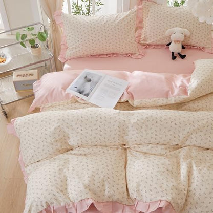 mixinni Pink Floral Duvet Cover Set Full Size – 100% Cotton Ruffle Lace Bedding, Romantic Blushing Flower Print, Reversible Striped Pattern, Cottagecore Soft Aesthetic Princess Bedding for Girls