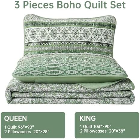 WONGS BEDDING Boho Full Quilt Bedding Set, 3 Pieces Bedspread, Light Green
