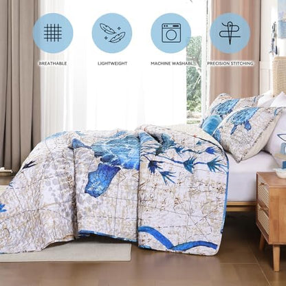 weigelia Coastal Quilt Queen Size, Nautical Lightweight Summer Bedding
