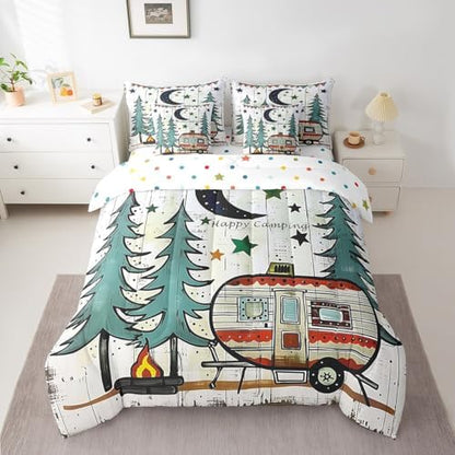 Erosebridal 7 Piece Happy Camping Full Bedding Set,RV Bunk Camper Bed Comforter Set with Sheets for Kids Adults,Moon and Stars Decor Travel Trailer Quilt Bed Set with Fitted+Flat Sheet,Pillowcases