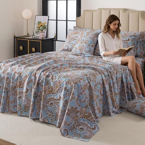 FADFAY King Sheet Set, Vintage Blue Paisley 4-Piece 100% Cotton Bed Sheets, Soft & Breathable Deep Pocket Fitted Sheet, Classic Elegant Style for All Seasons