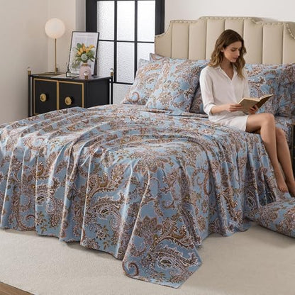 FADFAY King Sheet Set, Vintage Blue Paisley 4-Piece 100% Cotton Bed Sheets, Soft & Breathable Deep Pocket Fitted Sheet, Classic Elegant Style for All Seasons