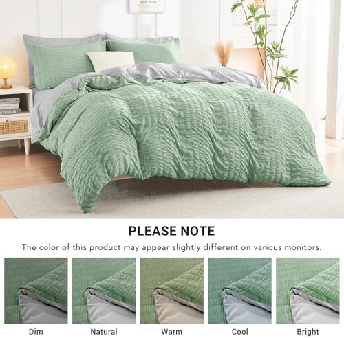 HYMOKEGE Sage Green/Light Grey Full Size Comforter Sets Seersucker 7 Pieces, All Season Luxury Bed in a Bag for Bedroom, Bedding Set with Comforter, Sheets, Pillowcases & Shams