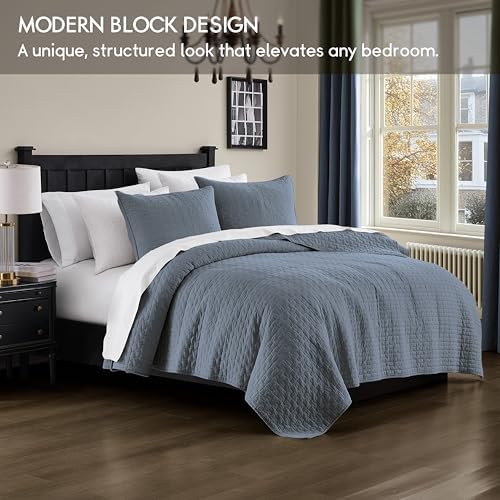palassio Blue Grey 100% Cotton Quilt Queen Size Bedding Sets with 2 Pillow Shams, Textured Lightweight Soft Bedspread Shabby Chic Coverlet, Quilted Comforter Bed Cover for All Season, 3 Pieces