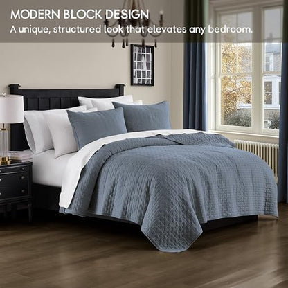 palassio Blue Grey 100% Cotton Quilt Queen Size Bedding Sets with 2 Pillow Shams, Textured Lightweight Soft Bedspread Shabby Chic Coverlet, Quilted Comforter Bed Cover for All Season, 3 Pieces