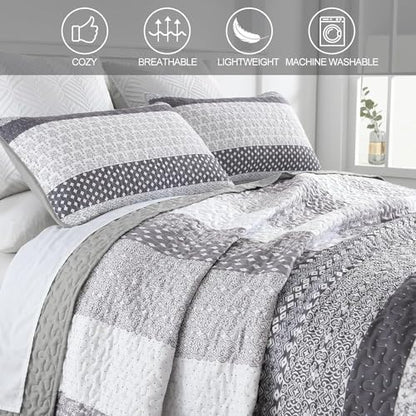 WONGS BEDDING Grey Full Size Quilt Set, Bohemian Striped Bedspreads