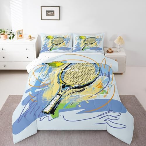 Tennis Sports Comforter Set Full Size Watercolor Street Graffiti Bedding Set Bedroom Decor Tennis Racket Quilt Set for Kids Boys Teens Modern Ball Gaming Theme Breathable Duvet Insert 3Pcs