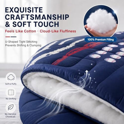 Castle Fairy Kids Baseball Gaming Comforter Full Size Navy Blue Bedding Set for Boys Girls Teens Bedroom Decor American Flag Comforter Set Women Men Ball Games Quilt with 2 Pillow Cases